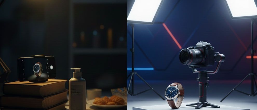 مقایسه نورپردازی حرفه ای و آماتور در تولید محتوای محصول